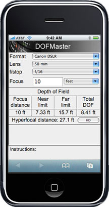 App helping calculation of depth of field for Fuji X100